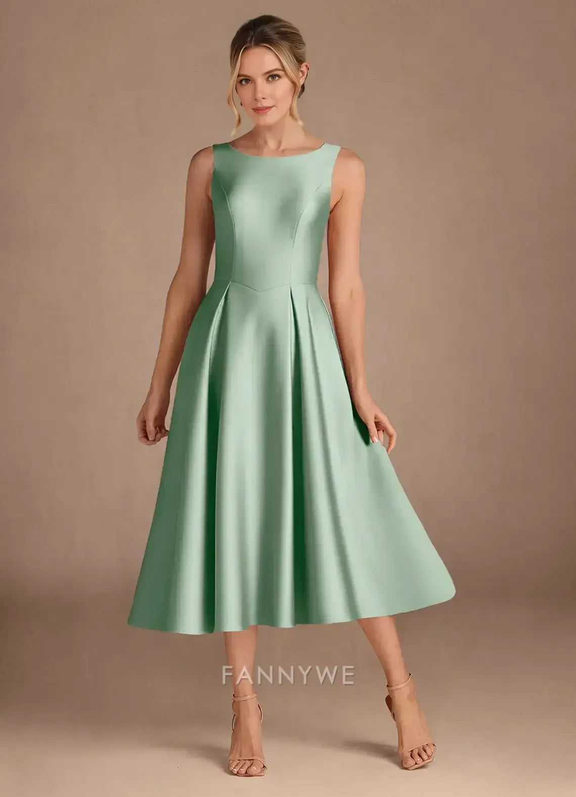 Elegant Sleeveless Boat Neck Satin A-Line Midi Dress with V-Back Mother of the Bride Dress